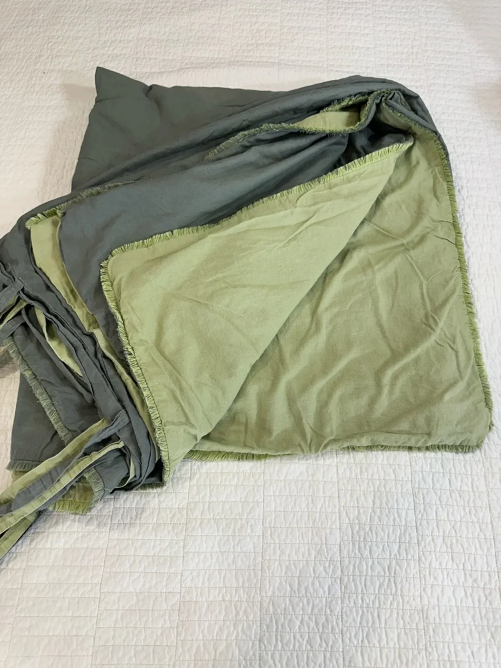 Southern Living Queen Linen Duvet Reversible Green/ Chartreuse Tie Bottom Fringe